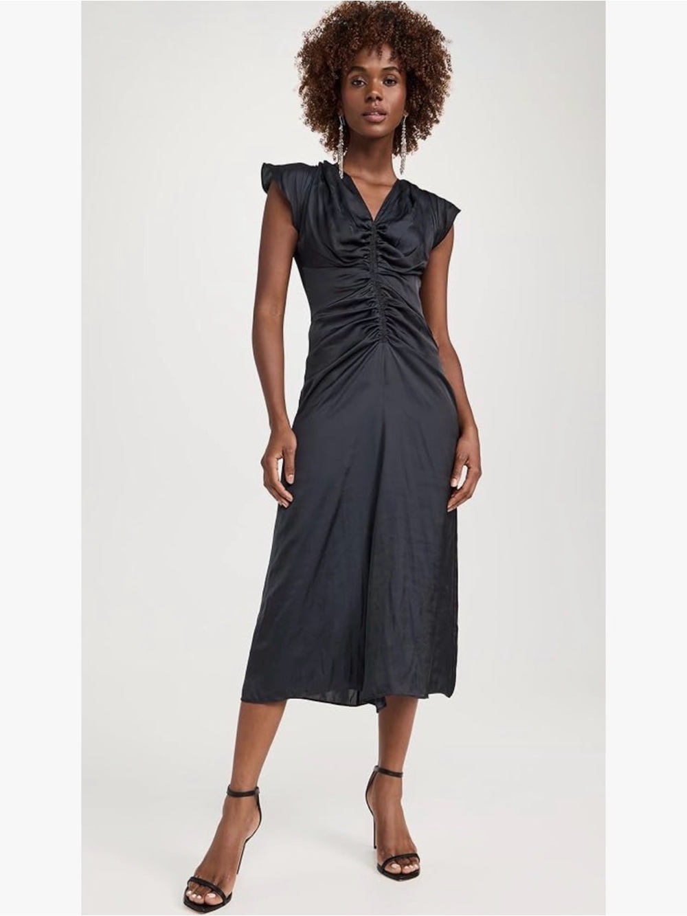 Max Studio Black Ruched V‑Neck Midi Dress